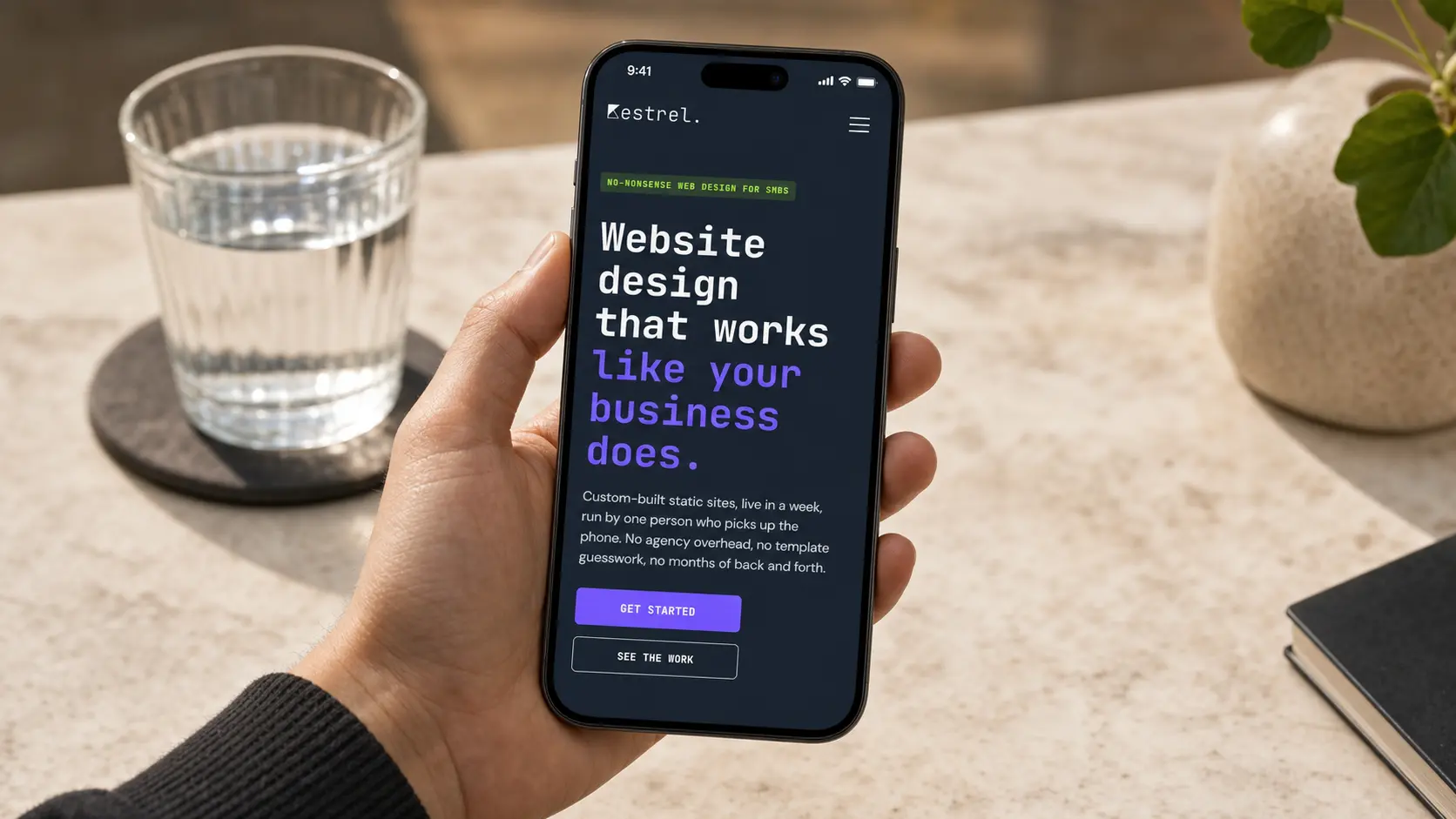 A Kestrel-built site shown on a phone